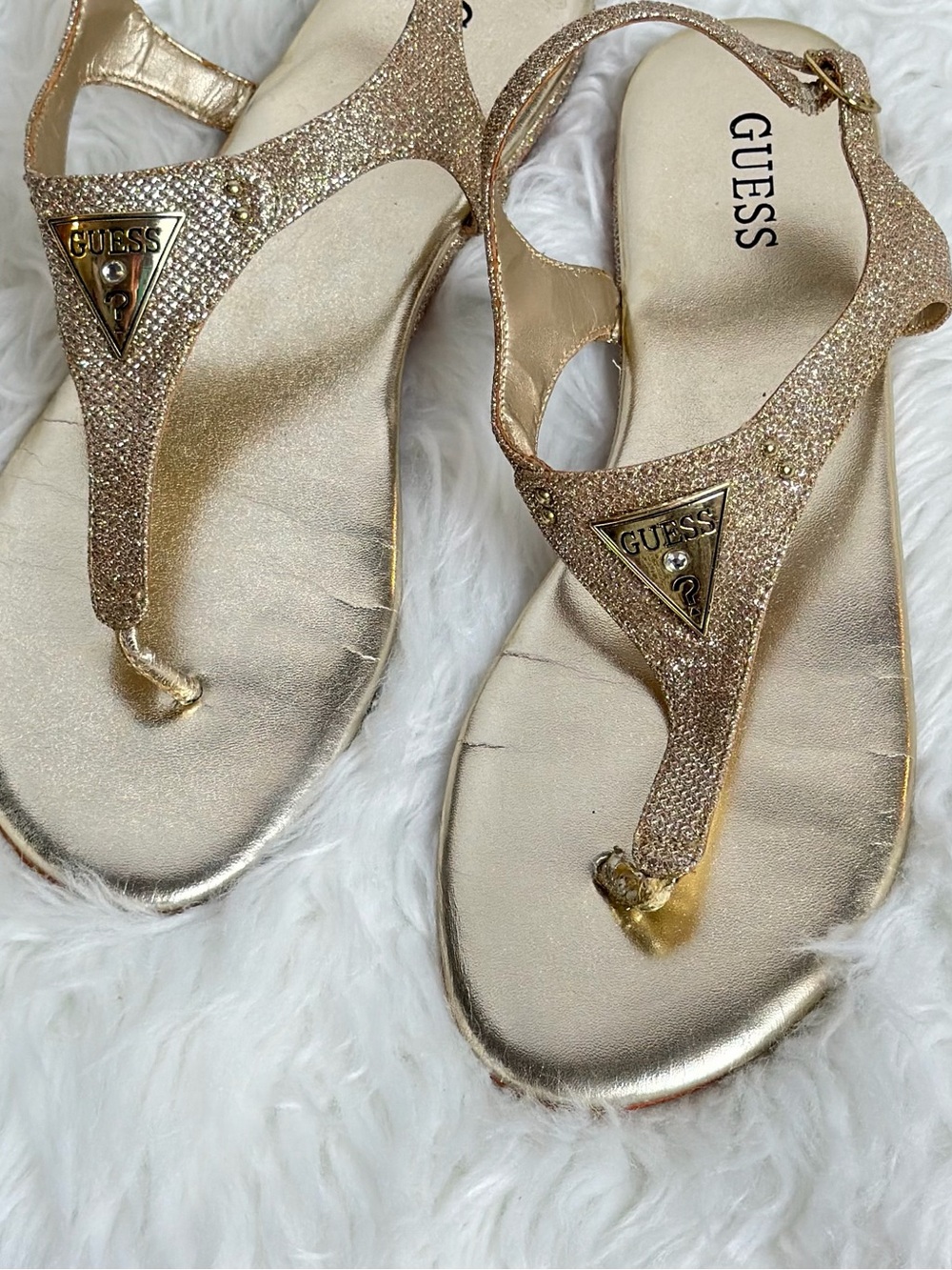 Guess Gold Glitter T-Strap Sandals